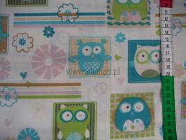 Tkanina bawełniana - turkusowe sowy w kwadratach - 1004