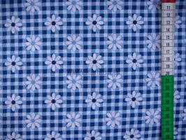 Tkanina bawełniana - stokrotki na niebieskiej kratce - 1018
